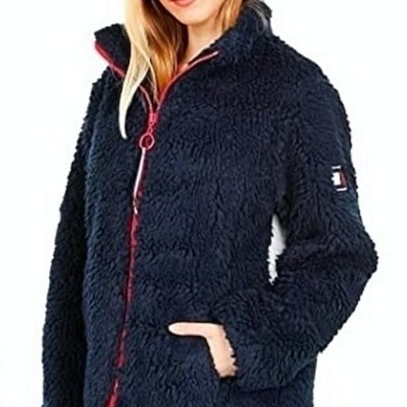 NWT Tommy Hilfiger Warm Teddy Sherpa Jacket Navy blue red white logo - Picture 5 of 6